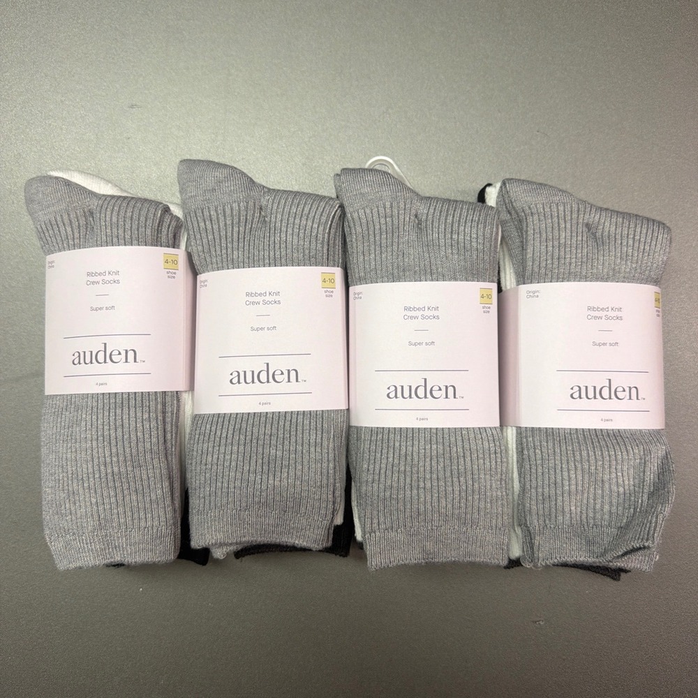 Auden Ribbed Knit Crew Socks 16 Pairs Lot Black White Grey Shoe Size 4-10 NEW - Picture 1 of 3